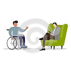 Psychologist consulting invalid on wheelchair. Vector psychotherapy to disability patient