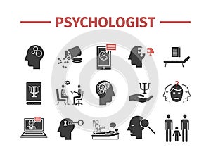 Psychologist icons set. Conceptual infographics. Counseling psychology. Vector sign for web graphics. photo