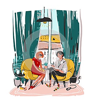 Psychologist listens to a patient at a psychotherapy session in the office. Modern girl on coaching, humorous cartoon
