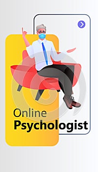 psychologist in mask solving psychological problem of patient online consultation psychotherapeutic counseling photo