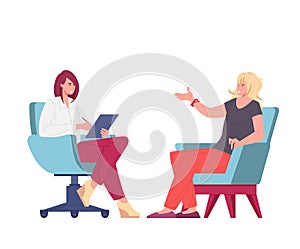 Psychologist and patient on psychotherapeutic session, flat cartoon vector illustration