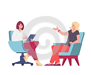 Psychologist and patient on psychotherapeutic session, flat cartoon vector illustration photo