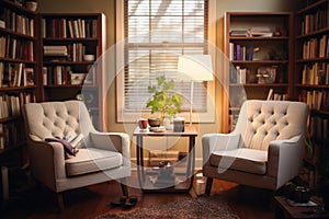 An psychologist\'s office, with comfortable chairs, soothing colors, and bookshelves filled with psychology literature.