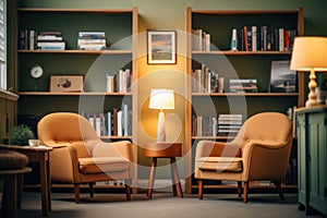 An psychologist\'s office, with comfortable chairs, soothing colors, and bookshelves filled with psychology literature.