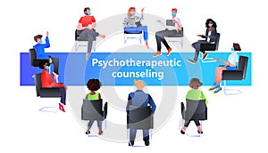 psychologist solving psychological problem of mix race patients in masks psychotherapeutic counseling