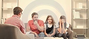 Psychologist with young couple, psychotherapist or marriage counselor listen mental health of couple and child, Parents