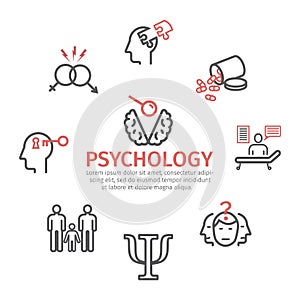 Psychology banner, line icons set. Conceptual signs. Vector illustration