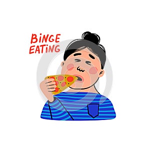 Psychology. Binge eating. Woman character with slice of pizza. Overweight female person suffering from overeating