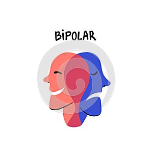 Psychology. Bipolar. Smiling and sad heads merge in one Person suffering from bipolar disorder. Doodle slyle flat vector