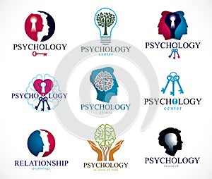 Psychology, brain and mental health vector conceptual icons or logos set. Relationship and gender psychology problems and