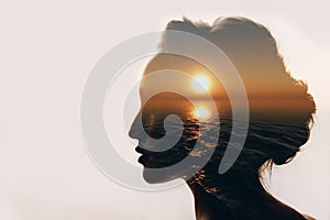 Psychology concept. Sunrise and woman silhouette.