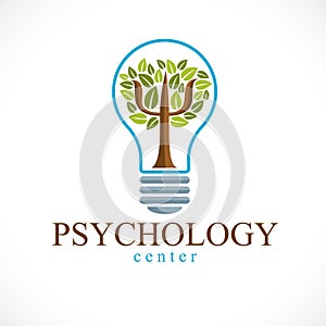 Psychology concept vector logo or icon created with Greek Psi symbol as a green tree with leaves inside of idea light photo