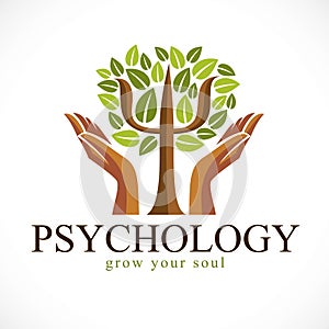 Psychology concept vector logo or icon created with Greek Psi symbol as a green tree with leaves and tender guarding hands, mental