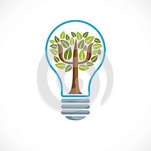 Psychology concept vector logo or icon created with Greek Psi symbol as a tree with leaves inside of idea light bulb, mental