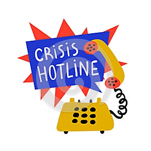 Psychology. Crisis hotline, Support call, psychological help. Yellow hand drawn phone with rad and blue speech bubble