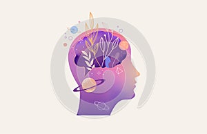 Psychology, Dream, Mental Health concept illustration. Brain, neuroscience and creative mind poster, cover