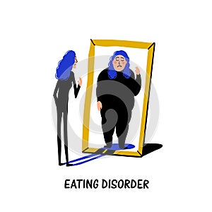 Psychology. Eating disorder, anorexia or bulimia. Slim young woman looking in mirror and seeing herself as overweight photo