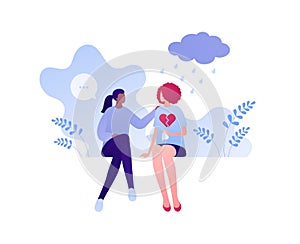 Psychology, emotion and relationship psychotherapy concept. Vector flat person illustration. Woman support female patient sitting