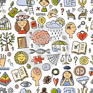 Psychology and emotions, working with the brain, positive thinking. Seamless pattern background for your design