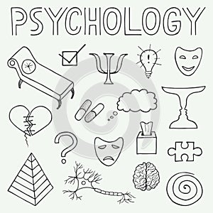 Psychology hand drawn doodle set and typography