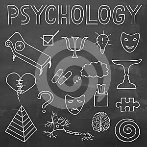 Psychology hand drawn doodle set and typography on chalkboard ba