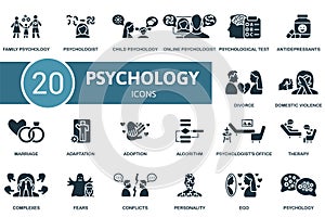 Psychology icons set. Creative icons: family psychology, psychologist, child psychology, online psychology