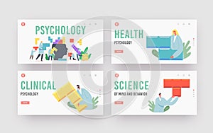 Psychology Landing Page Template Set. Tiny Psychologist Doctor Characters Setup Colorful Puzzle Pieces on Human Head