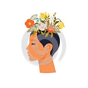 Psychology. Mental health. Woman character with flower head. Mental health concept, good mood, harmony flat vector