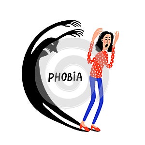Psychology. Phobia. Frightened Woman character escaping scary shadow monster. Female person suffering from fear. Doodle