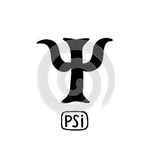 Psychology. Psi Greek letter symbol. Black of hand drawn icon on theme of psychology. Doodle style flat vector