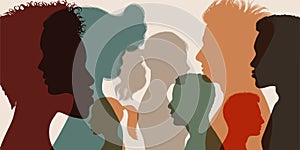 Psychology and psychiatry concept. Silhouette heads faces in profile of multiethnic and multicultural people.Psychological therapy