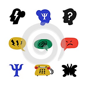 Psychology. Psychological counseling icons. Psychology, brain and mental health vector icons set on white background
