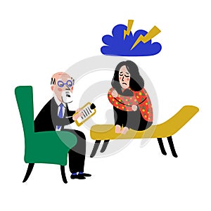 Psychology. Psychological help. Doctor and patient, a girl on sofa talking to therapist. Naive style flat vector