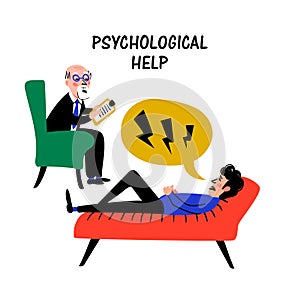 Psychology. Psychological help. Doctor and patient, a man lying on sofa and talking to psychotherapist or psychologist