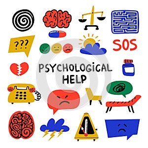 Psychology. Psychological help. Set of hand drawn icons on theme of psychology. Psychology, brain and mental health