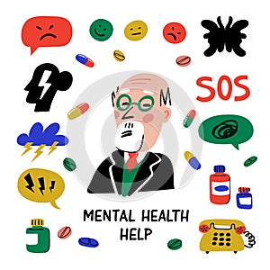 Psychology. Psychological help. Set of hand drawn icons on theme of psychology. Psychology, brain and mental health