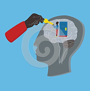 Psychology, psychotherapy, mental healing concept. Key to subconscious, soul, mind. Vector colorful illustration in flat