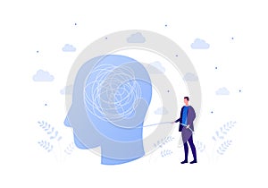 Psychology, psychotherapy and psychiatry counseling concept. Vectop flat person illustration. Patient human head with tangled