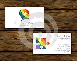 Psychology Rainbow Vector Business Card with Autism Puzzle and Kid Human Head Modern logo Creative Colorful style. Child