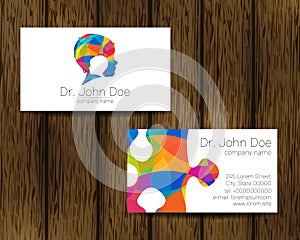 Psychology Rainbow Vector Business Card with Autism Puzzle and Kid Human Head Modern logo Creative Colorful style. Child
