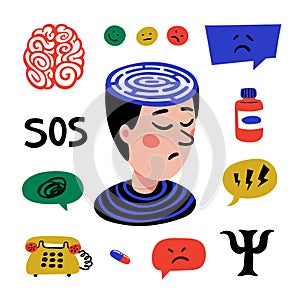 Psychology. Set of hand drawn icons on theme of psychology. Psychology, brain and mental health vector icons set. Doodle