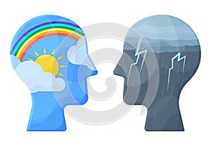 Psychology support, negative and positive mental health concept. Opposite bad and good states of mind vector illustration. Heads