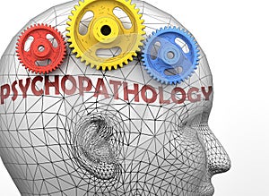 Psychopathology and human mind - pictured as word Psychopathology inside a head to symbolize relation between Psychopathology and