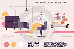 Psychoterapist at office concept landing page template. Pink and yellow colors, comfortable sofa, doctor waiting for client for