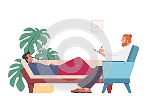 Psychotherapeutic session, male psychoanalyst and patient on couch, flat cartoon vector illustration