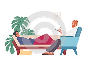 Psychotherapeutic session, male psychoanalyst and patient on couch, flat cartoon vector illustration photo