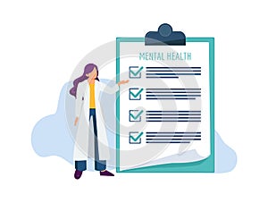 Psychotherapist with check list. Mental health examination, doctor and treatment document vector illustration