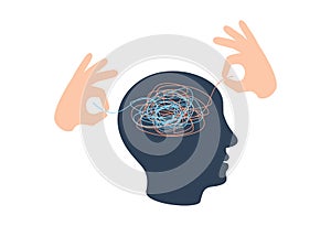 Psychotherapy concept illustration with hands untangling messy snarl knot, vector illustration.