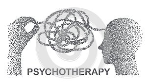 Psychotherapy concept illustration with hands untangling messy snarl knot, vector illustration with particle divergent