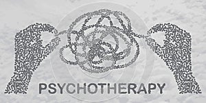 Psychotherapy concept illustration with hands untangling messy snarl knot, vector illustration with two particle